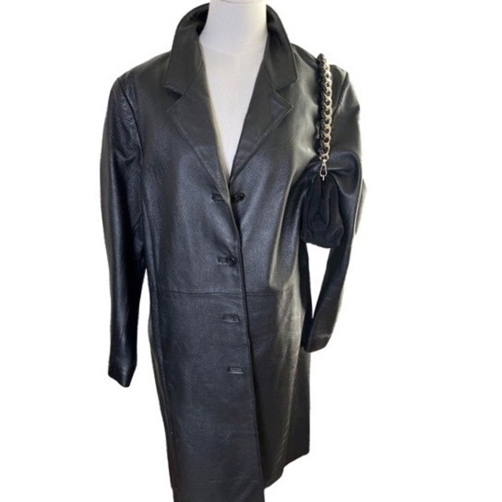 Black Leather Long Coat Via Accenti Womens L Longline Minimalist 90s Style